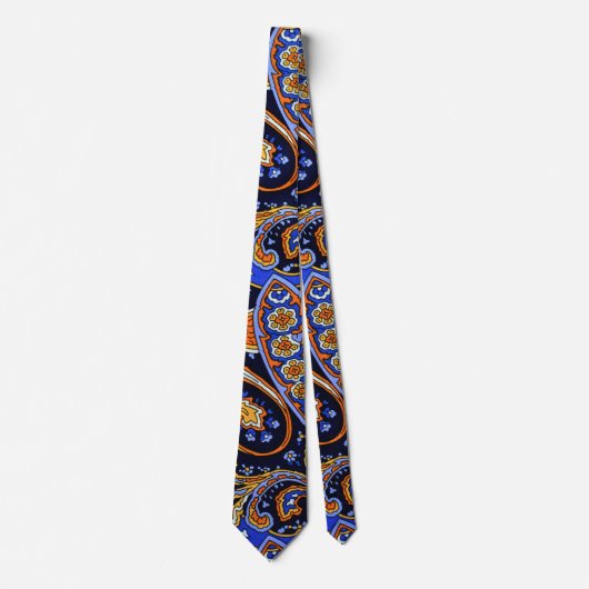 Lebendiges Navy- und Orange- Boho-Paisleymuster Krawatte (Vorderseite)