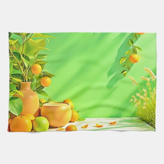 Lebendiges Orange Grün Stillleben Design Geschirrtuch (Horizontal)