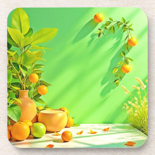 Lebendiges Orange Grün Stillleben-Design Getränkeuntersetzer