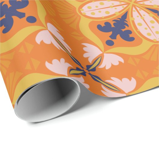 Lebendiges orange- und blau-blumiges Muster Geschenkpapier (Rolleneckpunkt)