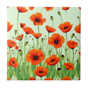 Lebendiges orangefarbenes Mohnfeld Aquarell Sommer Fliese