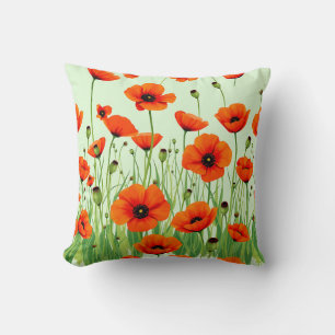 Lebendiges orangefarbenes Mohnfeld Aquarell Sommer Kissen