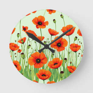 Lebendiges orangefarbenes Mohnfeld Aquarell Sommer Runde Wanduhr