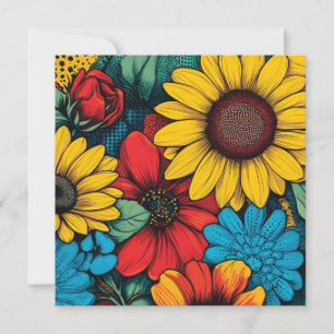 Lebendiges Pop-Art-Blumendesign mit Sonnenblumen Feiertagskarte
