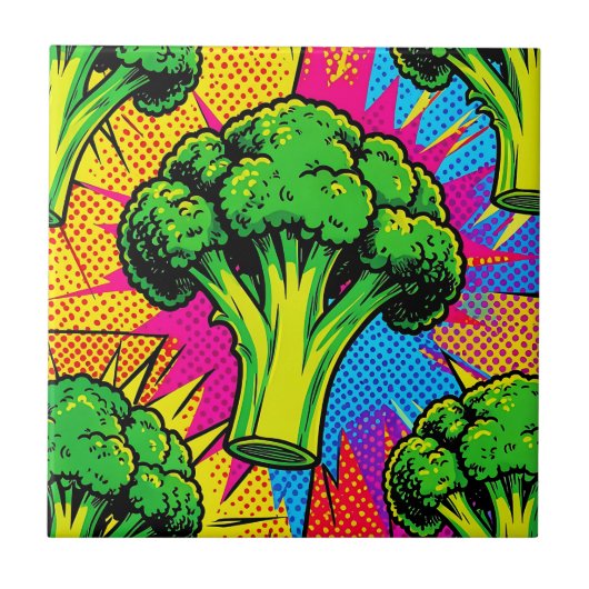 Lebendiges Pop-Art-Brokkolimuster Fliese (Vorderseite)