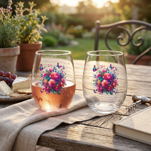Lebendiges Regenbogen-Blumen-Schmetterling-Set aus Weinglas Ohne Stiel