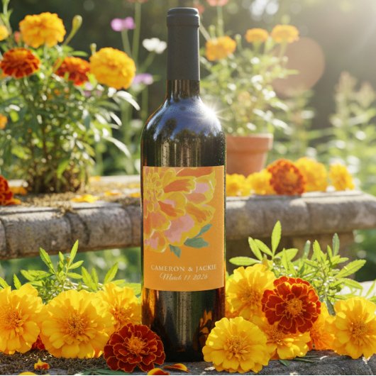 Lebendiges Ringelblumen-Sommerhochzeitsgeschenk Weinetikett