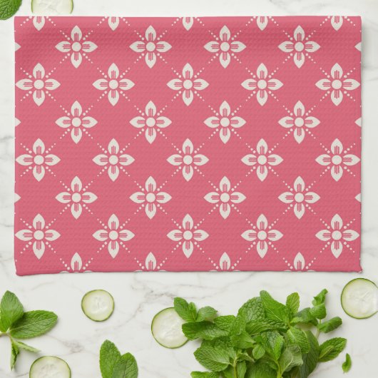 Lebendiges rosa Blumenmuster mit geometrischen Blu Geschirrtuch (Gefaltet)