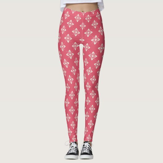 Lebendiges rosa Blumenmuster mit geometrischen Blu Leggings (Vorderseite)