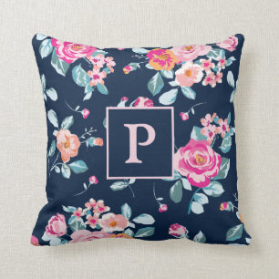 Lebendiges Rosa Rosen Blumenmuster Monogramm Kissen