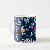 Lebendiges Rosarot Blumenmuster Monogramm Kaffeetasse (Vorderseite Links)