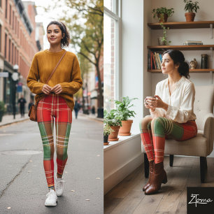 Lebendiges Rot Grün Großformat-Karomuster Leggings