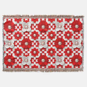 Lebendiges Rot-Weiß-Blumenmuster mit Perlen Decke
