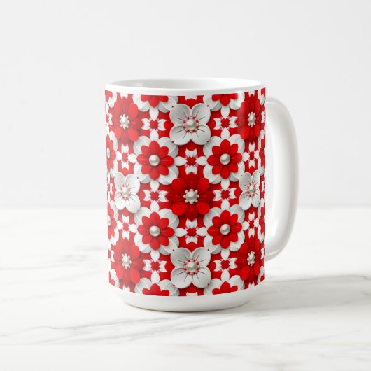 Lebendiges Rot-Weiß-Blumenmuster mit Perlen Kaffeetasse (VorderseiteRechts)