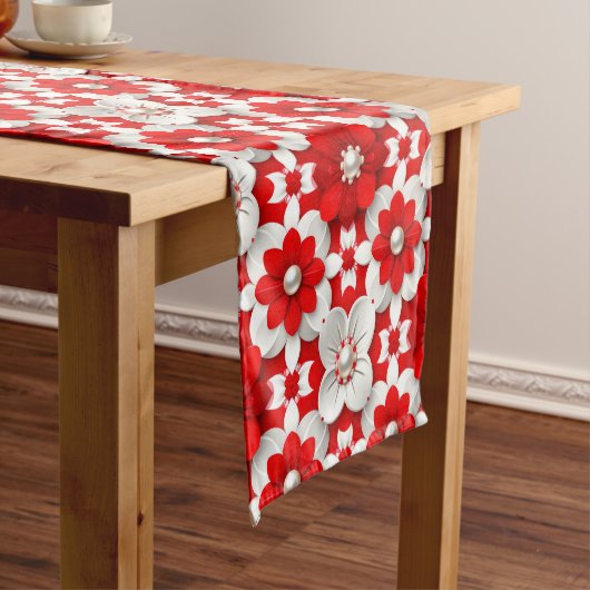 Lebendiges Rot-Weiß-Blumenmuster mit Perlen Kurzer Tischläufer (Beispiel)
