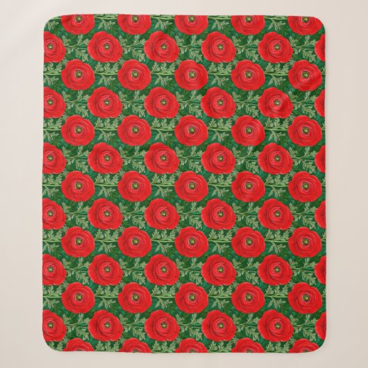 Lebendiges rotes Ranunculus-Blumenmuster Sherpadecke (Vorderseite)