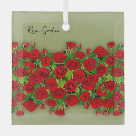 Lebendiges rotes Rosengarten-Blumenmuster Ornament Aus Glas (Vorderseite)
