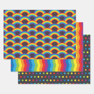 Lebendiges Schwarz und Regenbogen-Muster Geschenkpapier Set