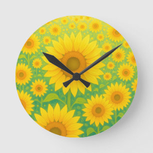 Lebendiges Sonnenblumenfeld-Muster Runde Wanduhr