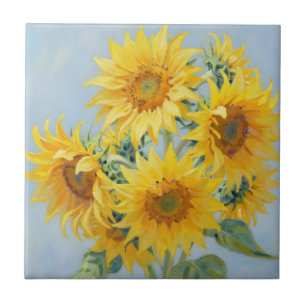 Lebendiges Sonnenblumenstrauß-Ölgemälde Fliese