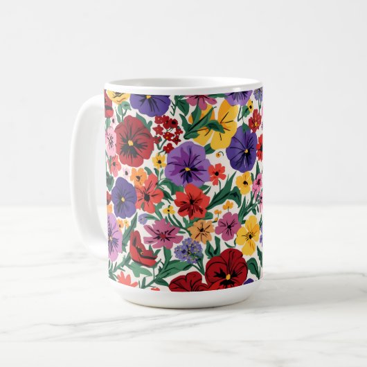 Lebendiges Stiefmütterchen-Wildblumen-Botanikmuste Kaffeetasse (Vorderseite Links)