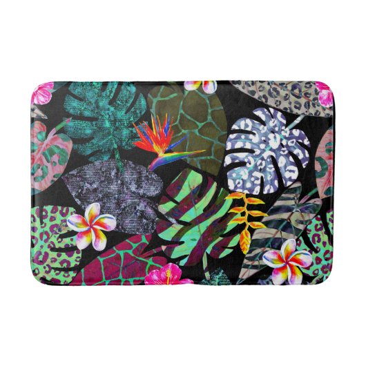 Lebendiges tropisches Blätter- und Blumenmuster Badematte (Vorderseite)
