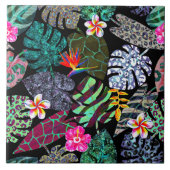 Lebendiges tropisches Blätter- und Blumenmuster Fliese (Vorderseite)