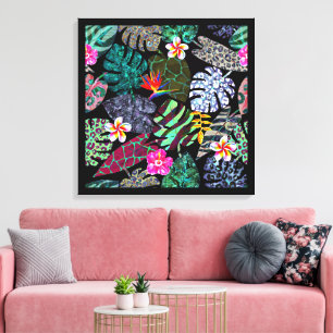 Lebendiges tropisches Blätter- und Blumenmuster Leinwanddruck
