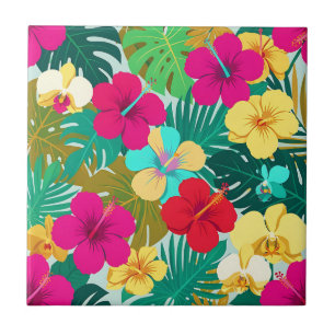 Lebendiges tropisches Hibiskus-Blumenmuster Fliese