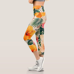 Lebendiges tropisches Hibiskus-Blumenmuster nahtlo Capri Leggings