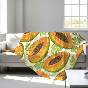 Lebendiges tropisches Papaya-Frucht- und Blattmust Fleecedecke