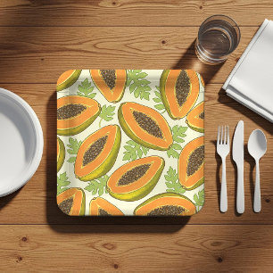 Lebendiges tropisches Papaya-Frucht- und Blattmust Pappteller