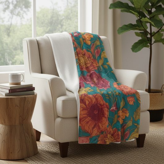 Lebendiges Türkis und Orange Floral Fleecedecke