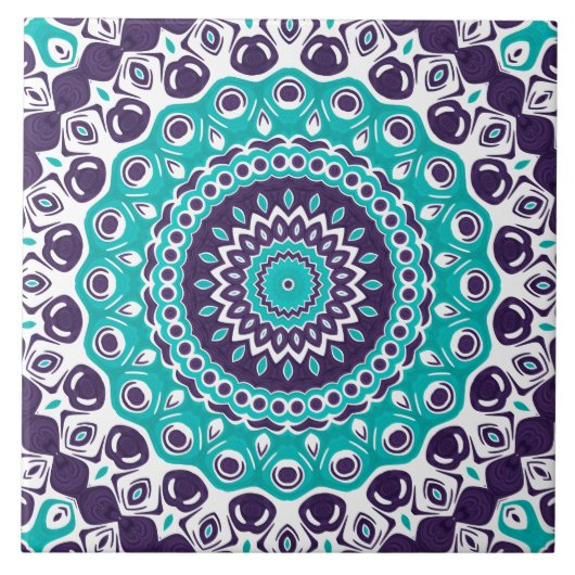 Lebendiges Türkis- und Pflaumen-Mandala-Muster Fliese (Vorderseite)