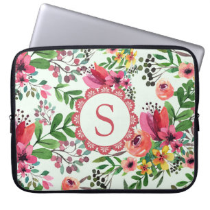 Lebendiges Wasserfarben-Blumenmonogramm Laptopschutzhülle