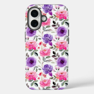 Lebendiges Wasserfarben-Blumenmuster in Rosa und L iPhone 16 Hülle
