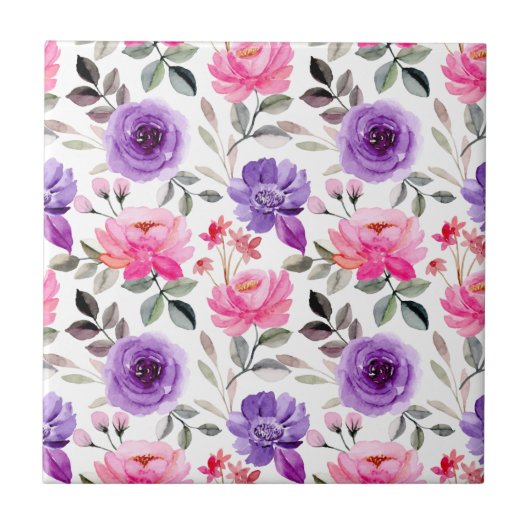 Lebendiges Wasserfarben-Blumenmuster in Rosa und L Fliese (Vorderseite)
