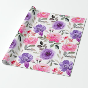 Lebendiges Wasserfarben-Blumenmuster in Rosa und L Geschenkpapier