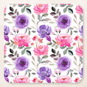 Lebendiges Wasserfarben-Blumenmuster in Rosa und L Rechteckiger Pappuntersetzer