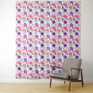Lebendiges Wasserfarben-Blumenmuster in Rosa und L Wandteppich