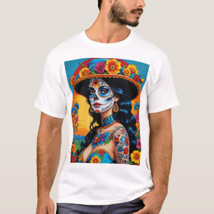 Lebendiges Zucker-Schädel-Kunst-T-Shirt Retro-Ästh T-Shirt