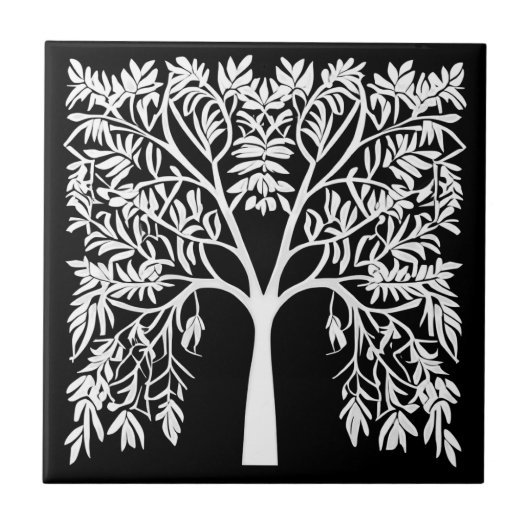 Lebensbaum #1 Weiß auf schwarz Fliese (Vorderseite)