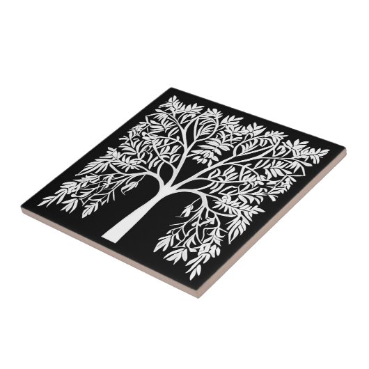 Lebensbaum #1 Weiß auf schwarz Fliese (Seite)