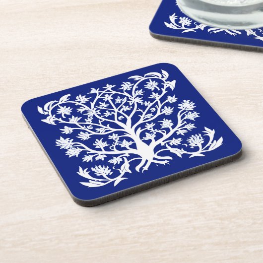 Lebensbaum #4 Weiß und Kobalt Blau Getränkeuntersetzer (Linke Seite)