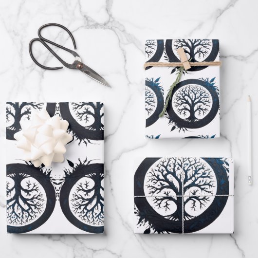 Lebensbaum in Blau Geschenkpapier Set (Vorderseite)