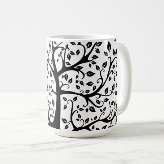 Lebensbaum in Schwarz und Weiß Kaffeetasse (VorderseiteRechts)