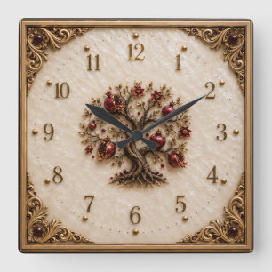 Lebensbaum mit Granatäpfeln 3D-Reliefkunst Quadratische Wanduhr