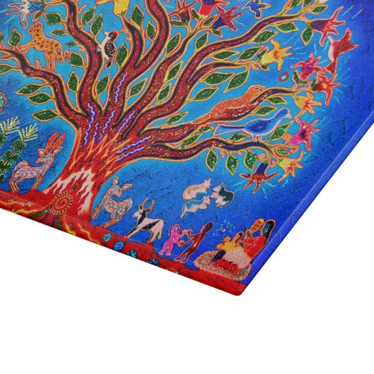 Lebensbaum mit Vögeln und Blume im nächtlichen Him Schneidebrett (Ecke)