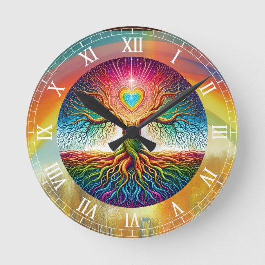 Lebensbaum Regenbogen Runde Wanduhr (Vorderseite)