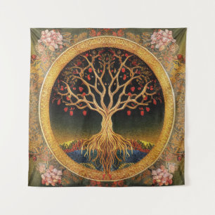 Lebensbaum von kedoki Florale Vintage Stickerei Wandteppich